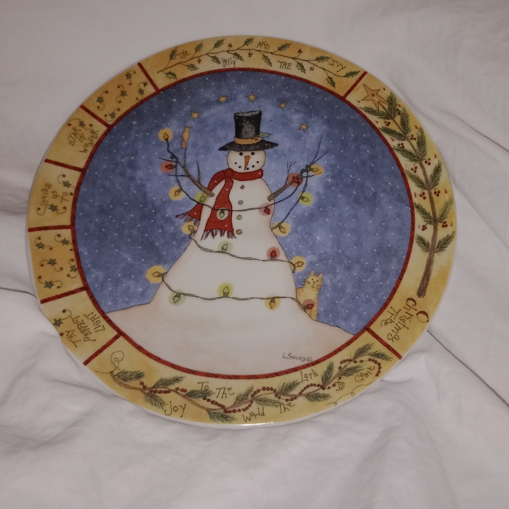 Christmas Top Hat Snowman Wrapped in Holiday Lights Dessert Plate